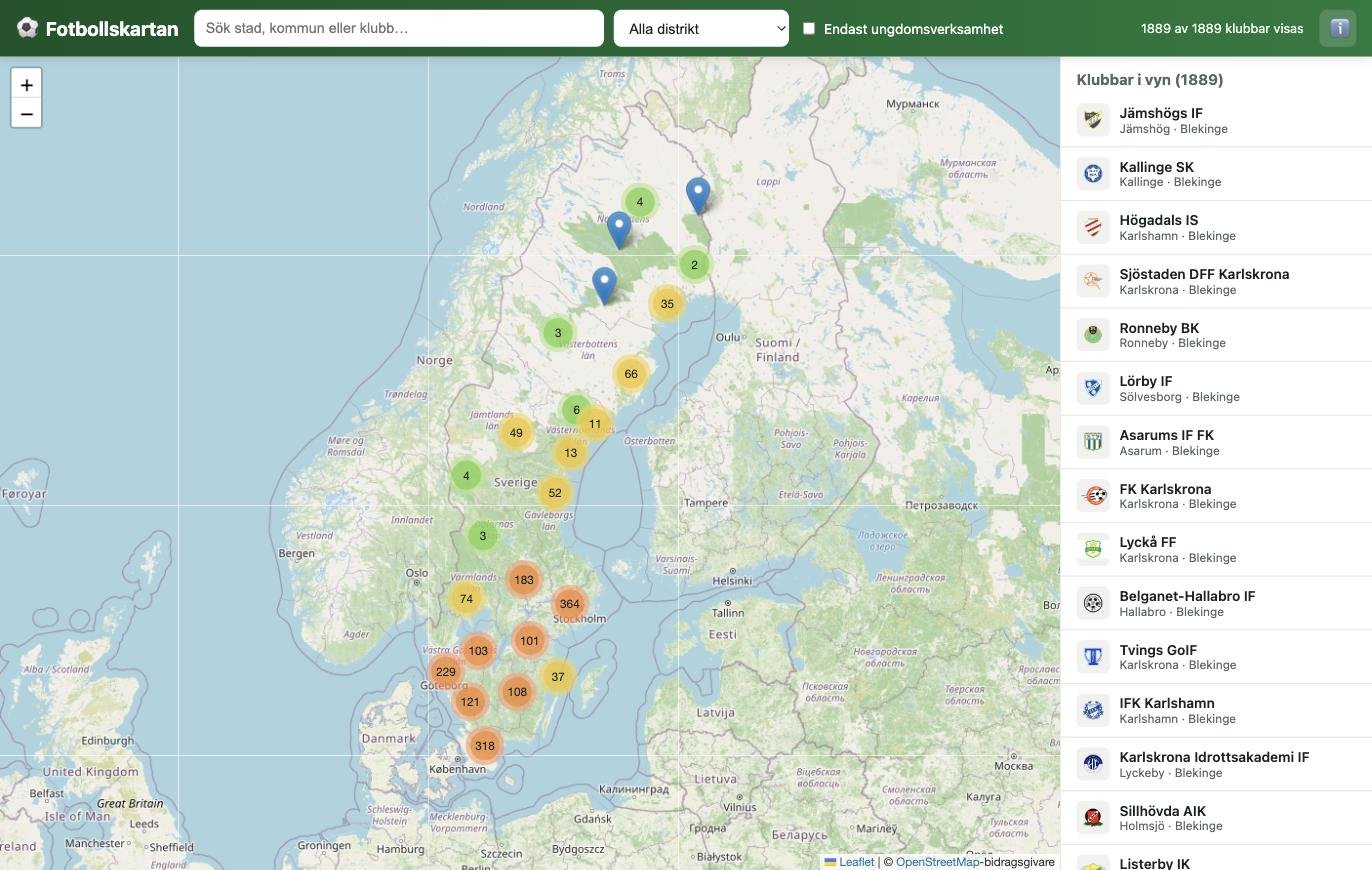Skärmbild av Fotbollskarta – interaktiv karta med alla svenska fotbollsklubbar
